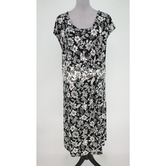 Lands End Dress Plus Sz 2X Black Ivory Floral Stretch Knit Midi Fit n Flare 20W - Picture 16 of 16